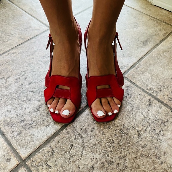 RED YSL Patten Leather & Suede mix high heels sandals. Open Toe, Slingback - Picture 14 of 16